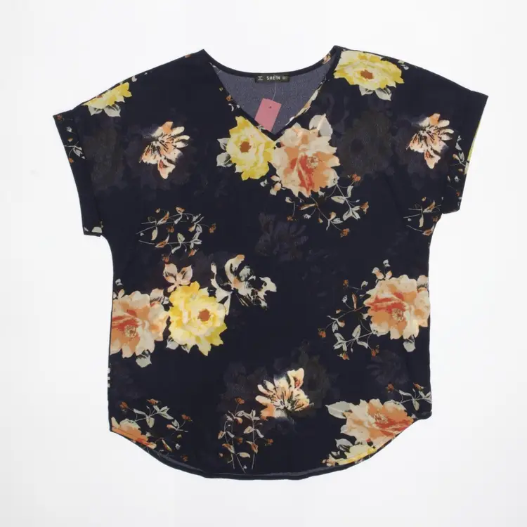 0051 Shein Large Floral Cap Sleeve V-Neck Blouse