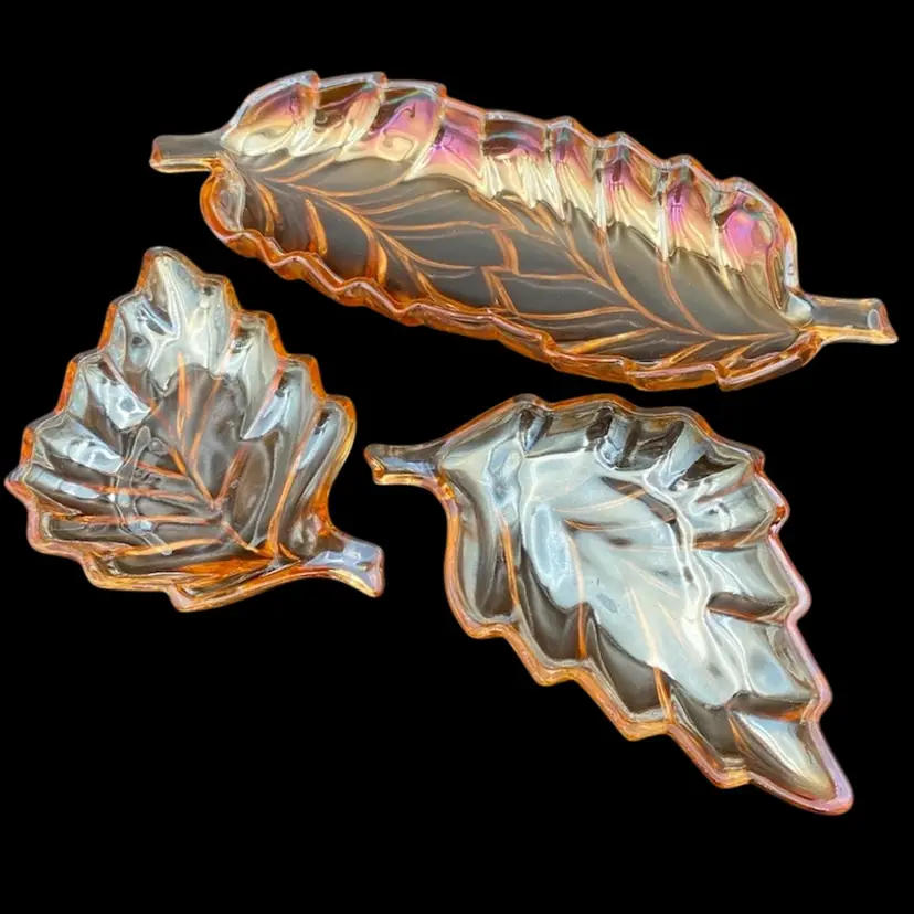 Vintage Marigold Carnival Glass 3-Piece Oak Leaf Nibble Set