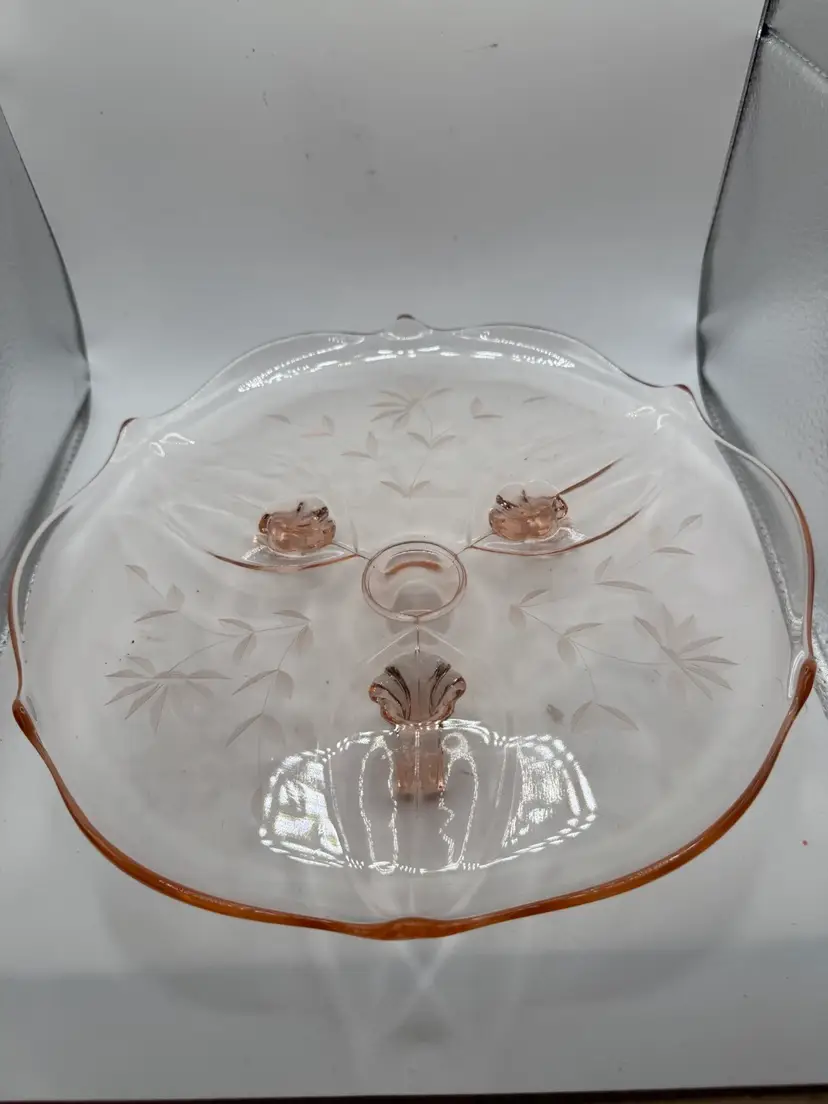Lancaster Jubilee Pink Three-Toed Footed Cake Plate Depression Glass, 10.5 in Diameter, 2 in H