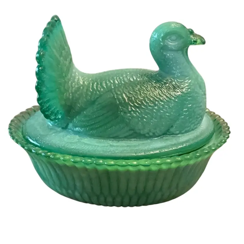 Stunning Glowy Degenhart Green Marble Slag Art Glass Turkey On A Nest 4 1/2” X 5 1/2”- GLOWS!