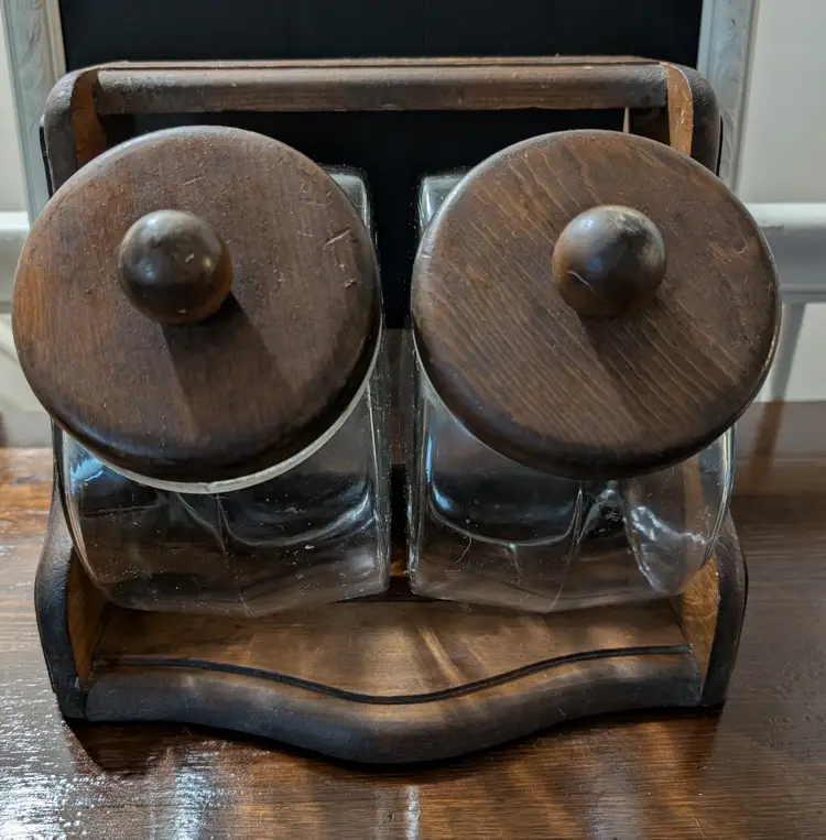 Vintage Glass Counter Containers With Wooden Holder