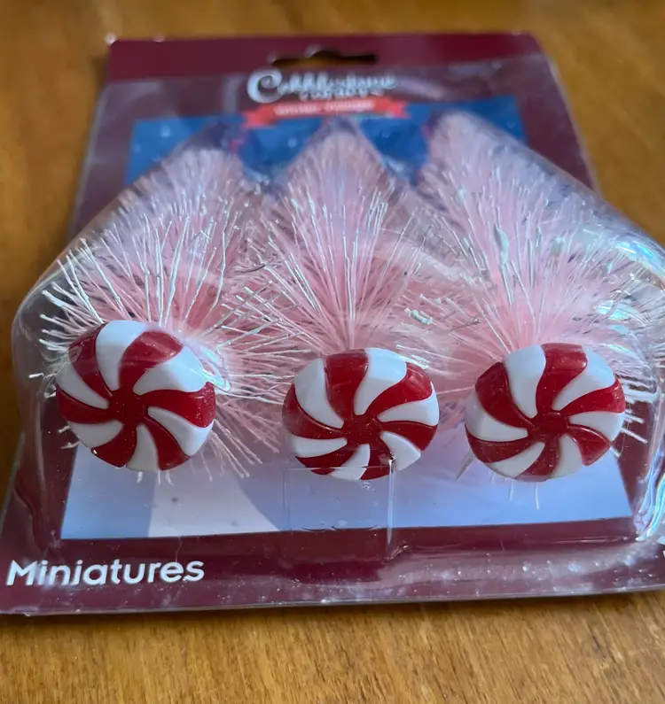 Pink Flocked Bottle Brush Christmas Tree with Peppermint Candy Bottoms Set of 3