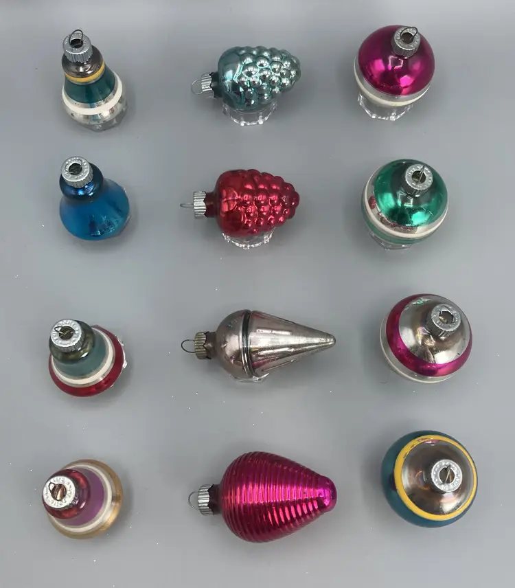 12 Vintage 2.5" Shiny Brite Glass Multicolored Ornaments - Geometric