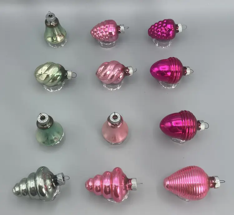 12 Vintage 2.5" Shiny Brite Glass Pink and Mint Green Ornaments - Pinecone Ribbed Bell Shapes