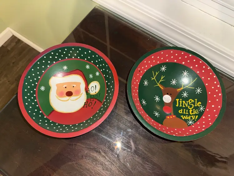 Pair of 2 Christmas Handpainted Wooden Bowls: santa and rudolph
