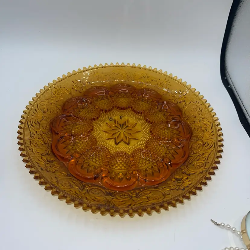 07-Indiana tiara Vintage Amber Glass Egg Plate Serving Tray  Pressed Glass  12”