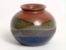 Japanese Style Round Ceramic 3" Bud Vase Orange Green Brown Blue Layered Glaze