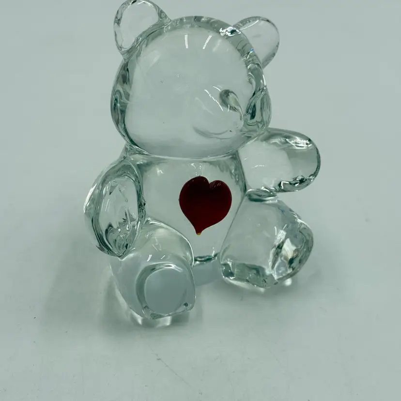 Vintage Solid Clear Art Glass Teddy Bear Figurine With Applied Red Heart Paperweight