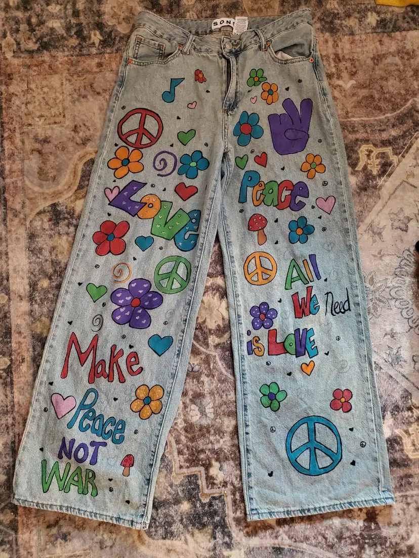 Groovy Peace & Love Hand-Painted Jeans