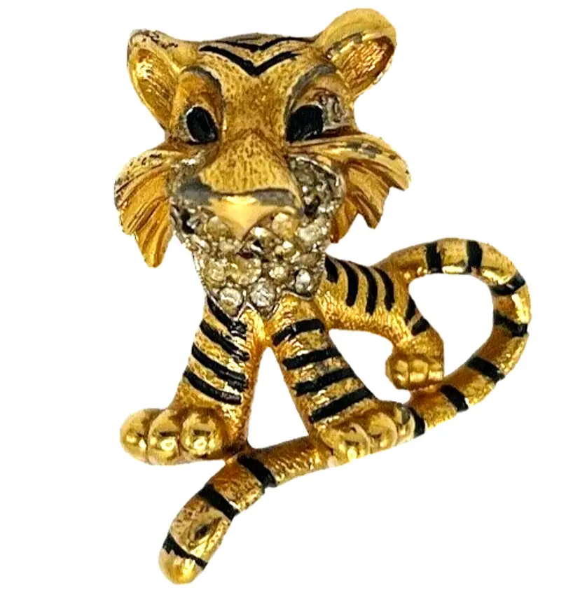 1950s Signed Jomaz Gold Tone Rhinestone Figural Tiger Lion Brooch Pin