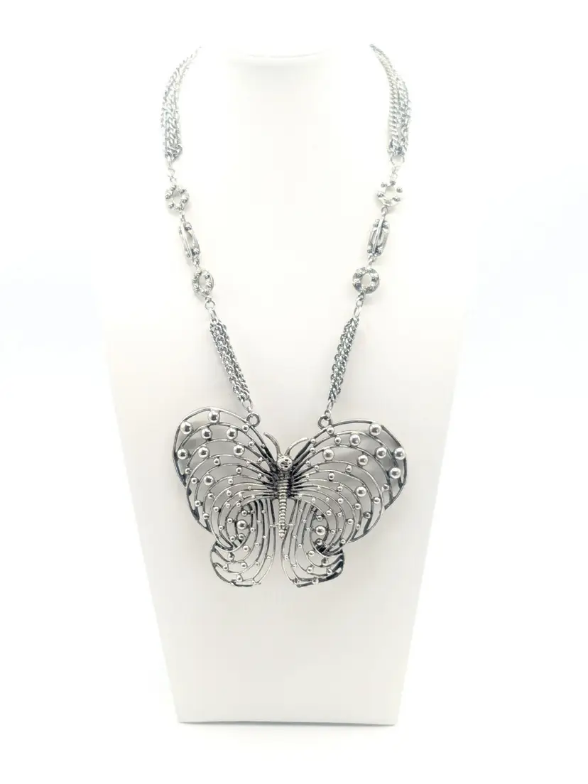 Butterfly Statement Necklace Silver Tone