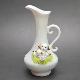 Kato Kogei 5-1/2in Porcelain Applied Puppy Vase Pitcher