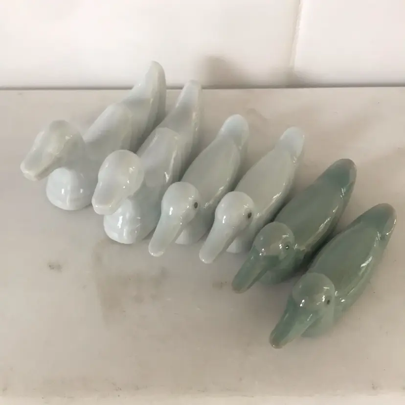 Set Of 6 Celadon/ Ceramic Miniature Ducks Chopsticks, Fork, Spoon Rest