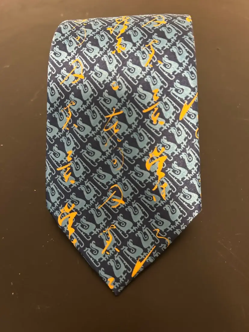 Vintage Shanghai Museum 100% Silk Handmade Tie Blue Black Gold