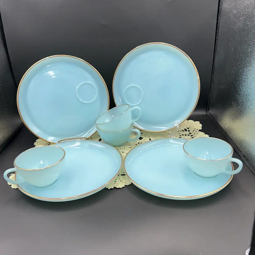 Vintage Anchor Hocking Fire King Turquoise Delphite Blue 7 Piece Snack Set-only 3 Cups