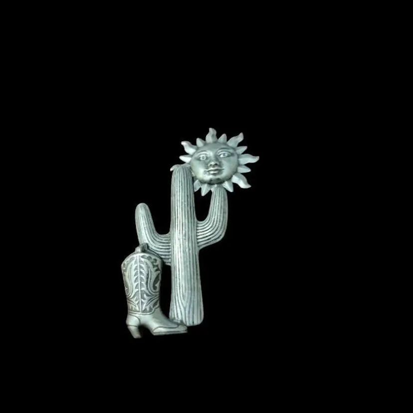 Artisan Cactus Boot Sun Brooch Pin Vintage Desert Lovers 2 1/2" Tall