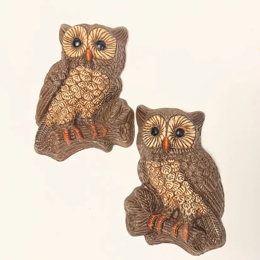 Vintage 1970s Set of 2 Owl Wall Plaques Hard Foam Hanging Decor