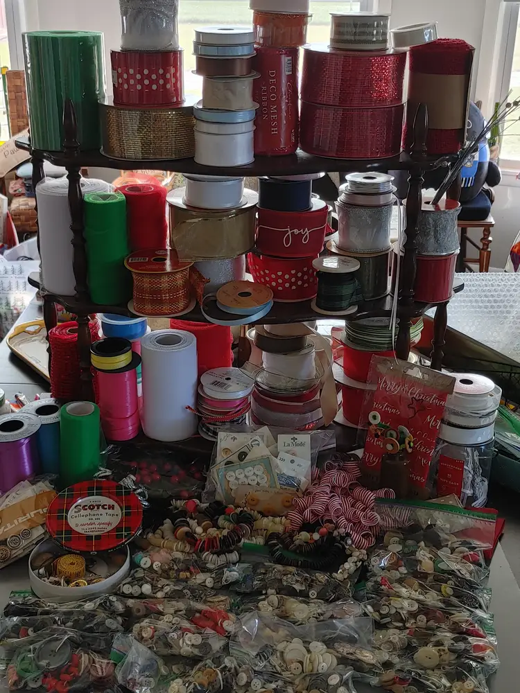 Ribbon and Button Bonanza! over 3,000 buttons! lots of ribbon spools.