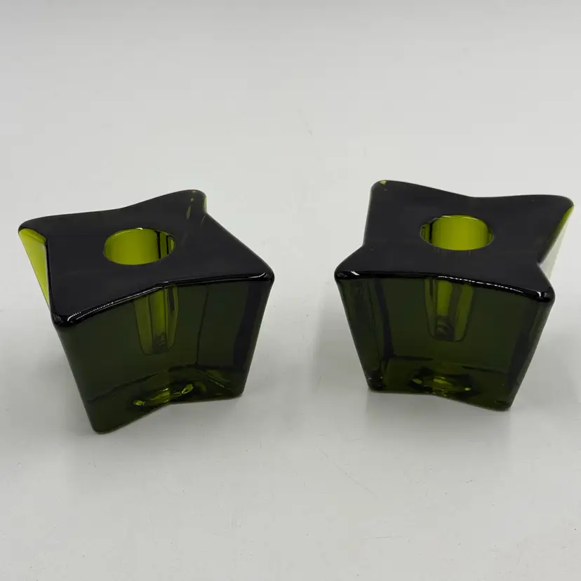 Viking Art Glass Avocado Green Astra 4 Pointed Star Two Taper Vintage MCM Candle Holders