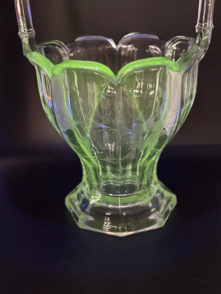 14.5” Heisey Etched Flowers Clear Manganese Glass Basket Vase, Glows Green