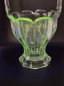14.5” Heisey Etched Flowers Clear Manganese Glass Basket Vase, Glows Green