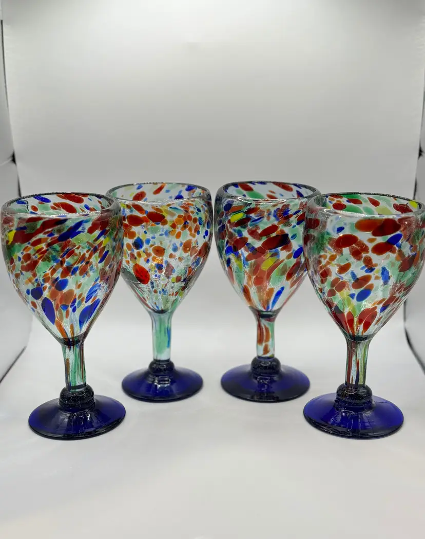 Vintage Mexican Confetti Wine Goblet, Art Glass Handcrafted, Stamped On Bottom, Made In Aljimz, Mexico, Set Of 4