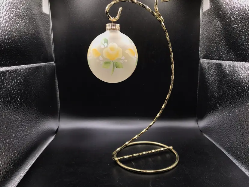 Vintage Frosted Hand Painted Signed Ornament Yellow Roses