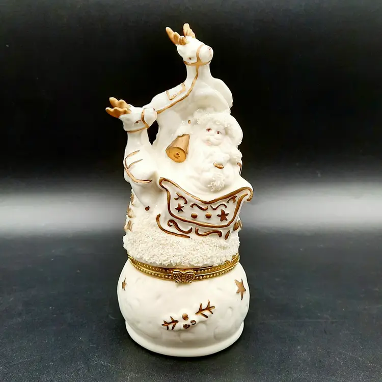 Santa Reindeer Hinged Trinket Box Ivory & Gold with Textured Glittery Snow