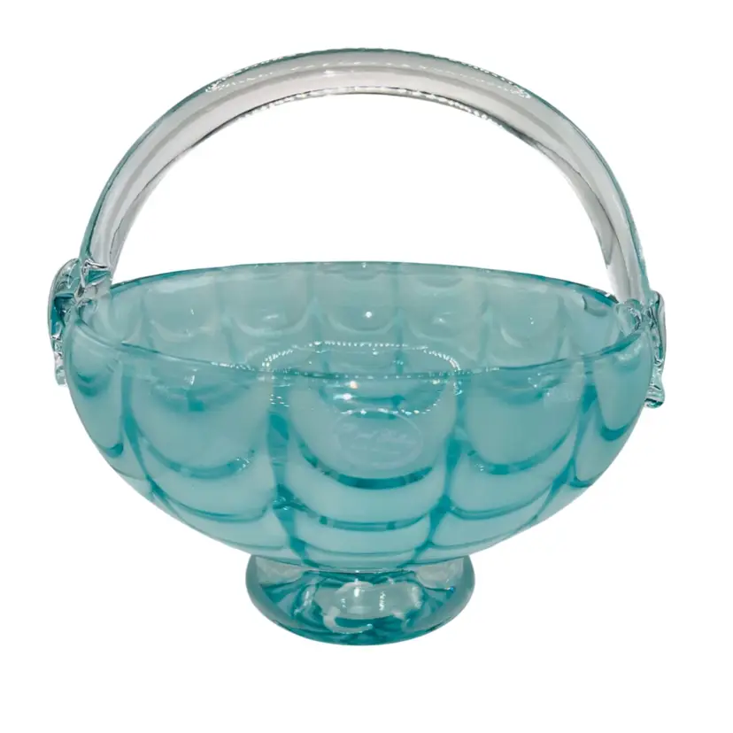 Royal Gallery Poland Aqua Glass Basket Round 1999 Large 9” Diameter