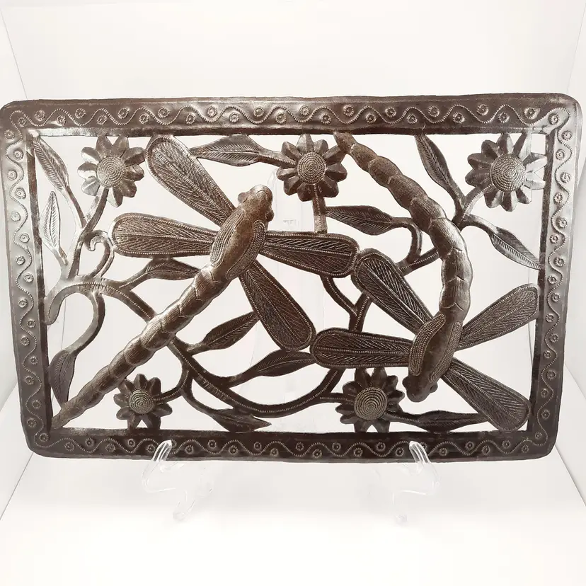 Metal Dragonfly Haitian Art Signed Hammered Drum Wall Art