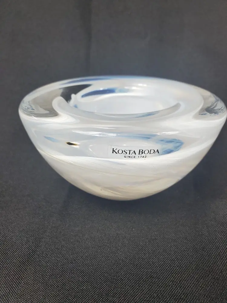 Kosta Boda White Swirl Art Glass Votive Tealight Candle Holder 4.50" x 2.25"