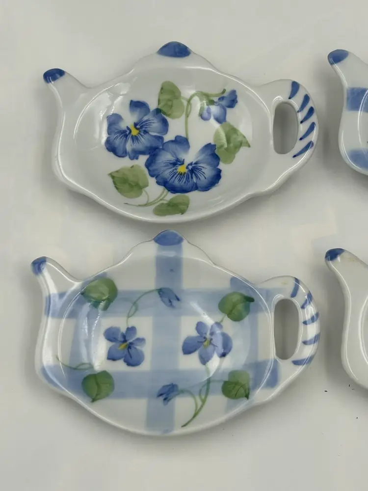 4 Blue and White Porcelain Floral  & Plaid Teabag Holders