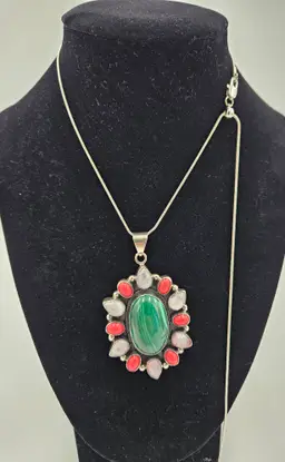 #AZ1 Malachite Cabochon Sterling Pendant with Sliding Silver Tone Chain