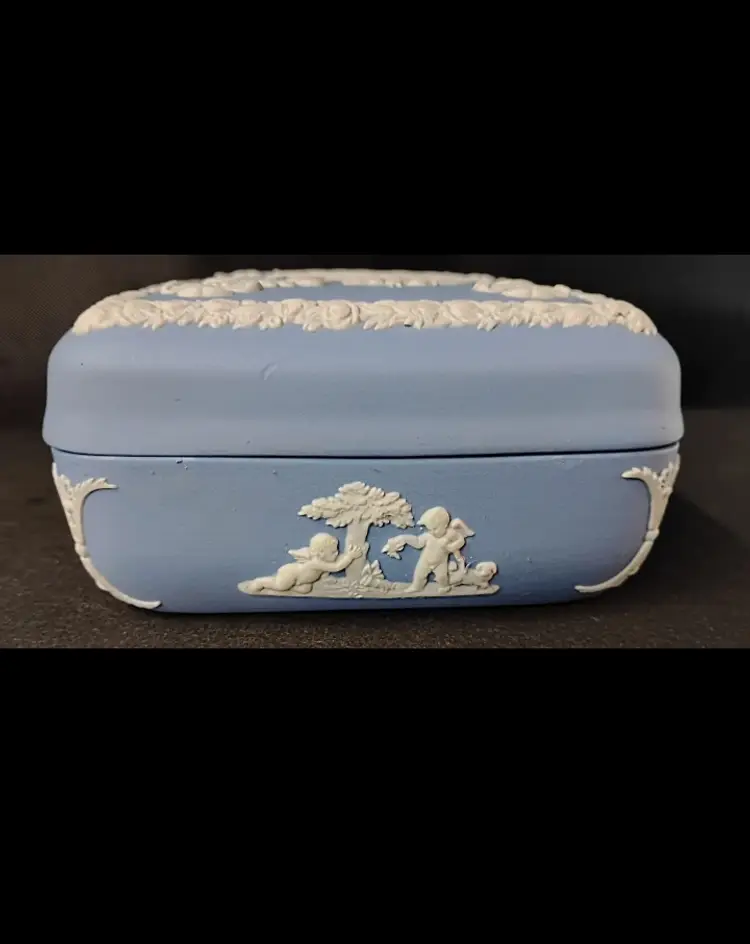 Vintage Jasperware Blue Covered Trinket Box Wedgewood Goddess Playing Lyre
