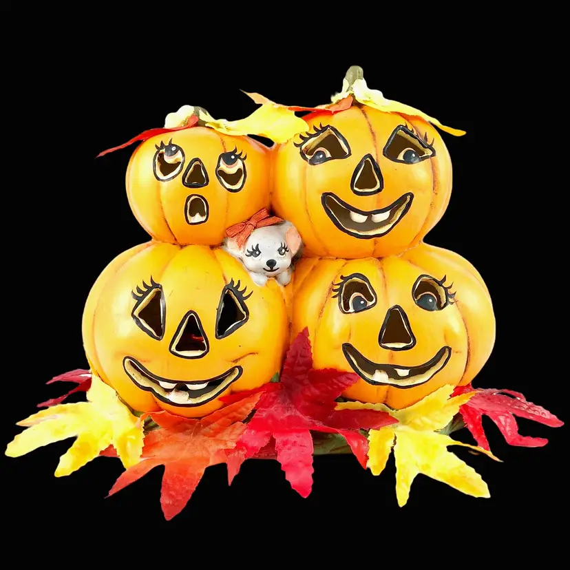 Vintage Hobbyist Hand-Painted Ceramic Halloween Jack o' Lantern Pumpkins Lamp with Autumn Leaves