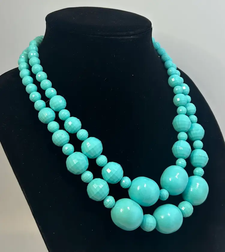 Vintage Teal Blue Chunky Bead 2 Strand Necklace