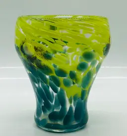 Spatter  Glass Murano Yellow -Tiffany Blue Handblown  Vase Candle Holder 4”
