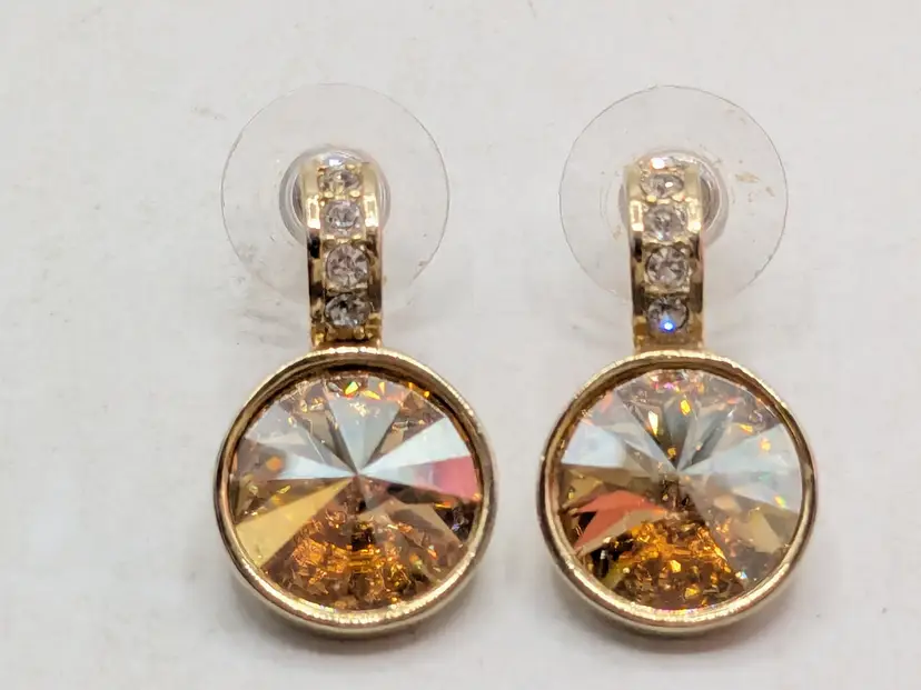 Sparkling Gold Tone Champagne Crystal Rhinestone Earrings