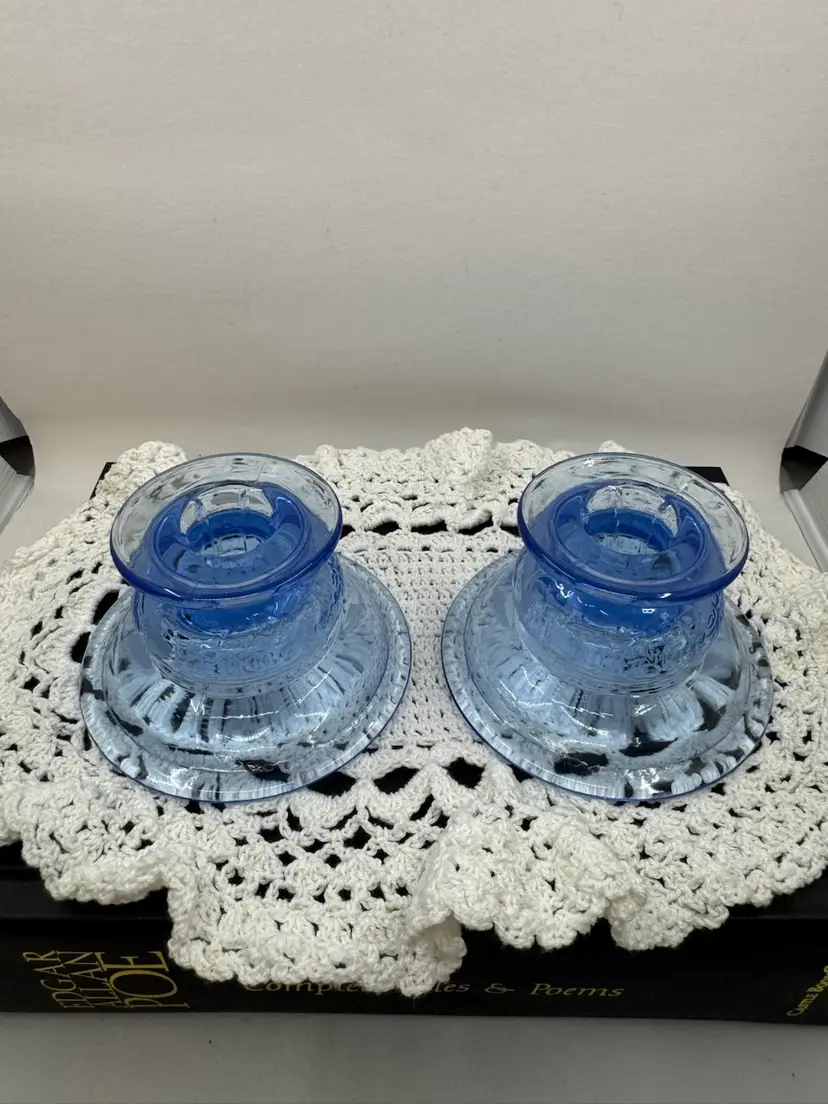 Pair of blue pressed glass candle holders, 2.25”