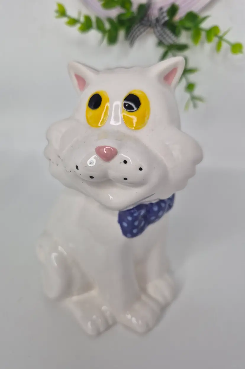 Ceramic Kitshy Kitty With Blue Bow Tie Artist Signed 6"tall