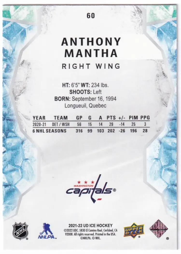 2021-22 Upper Deck Ice Lavender #60 Anthony Mantha Washington Capitals Hockey Card