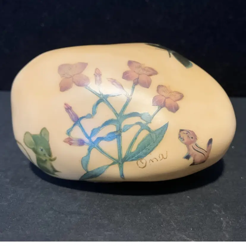 Adorable Decoupaged And Yellow Painted Rock Meadow Scene Signed Paperweight