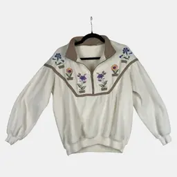Vintage Floral Embroidered Sweatshirt Cottage Prairie Zip Large
