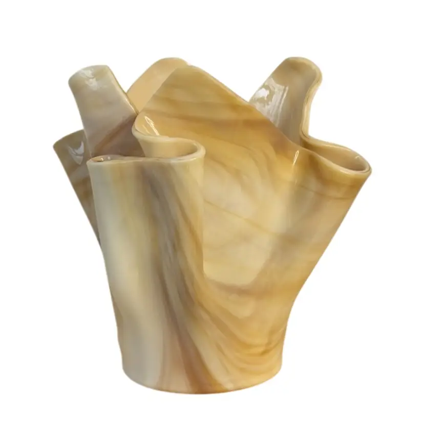 Fused Art Glass Handkerchief Vase Beige & White Swirl Signed
4.75” T x 5” W