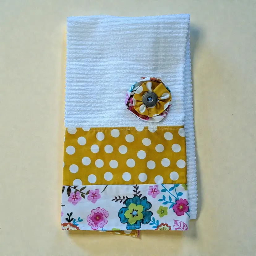 Handmade Hand Guest Towel Flower and Yellow Polka Dot Fabric Trim Button Flower