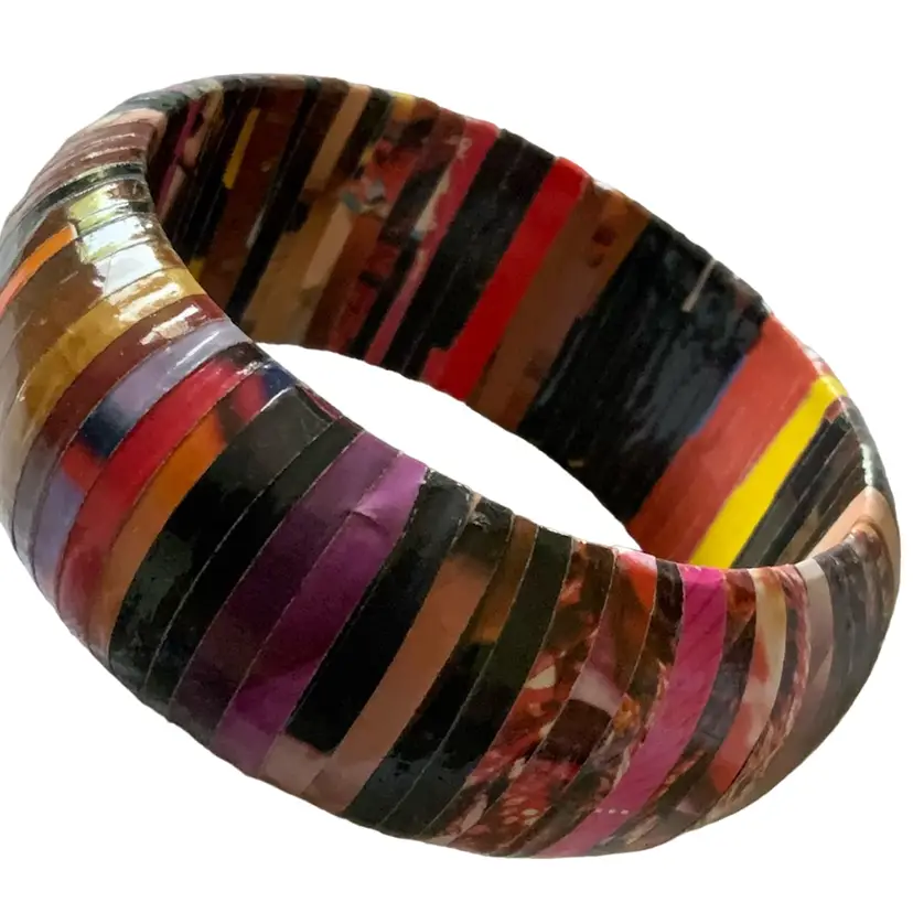 Vintage Chunky Wrapped Wooden Bracelet Bangle With Multicolored Semi-Stripe Design Super Light Weight