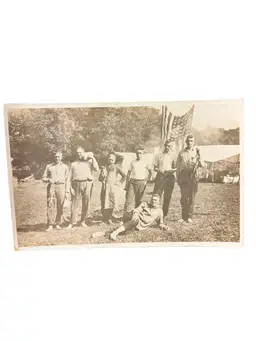 Antique Duck Hunting Real Photo Postcard Tent Camp 48 Star USA Flag Tobacco Pipe