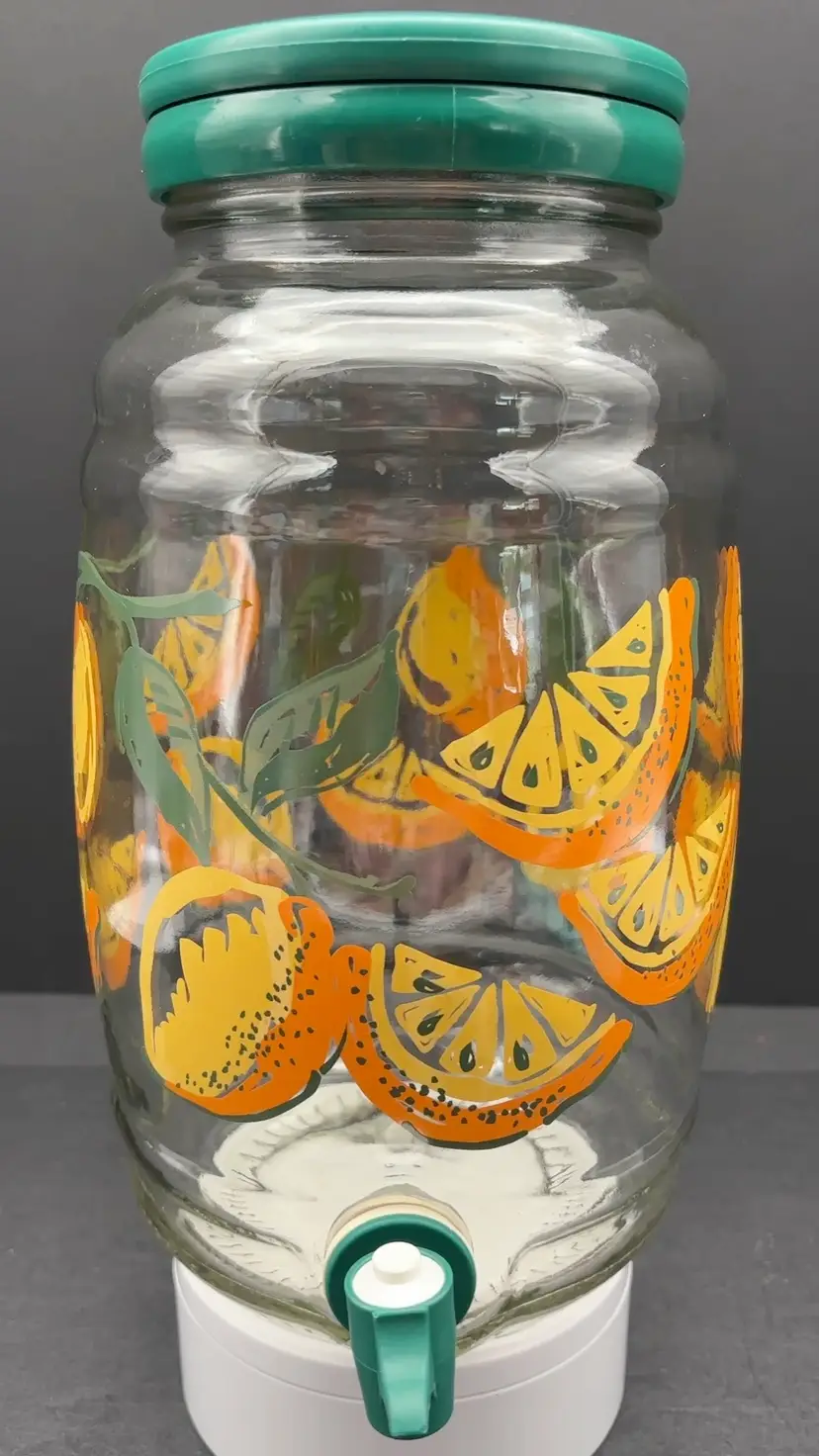 Glass Citrus Tea Jug w/ Green Lid | Vintage