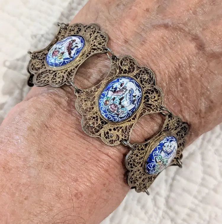 Antique Italian Filigree Bracelet in Sterling Silver with Gold Vermeil and Hand Painted Enamel Cabochons with  Birds in Blue and Burgundy
