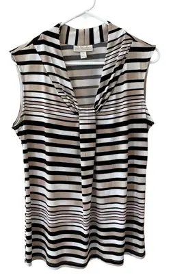 043. Dana Buchman Black Tan White Stripe Sleeveless Top Size Large